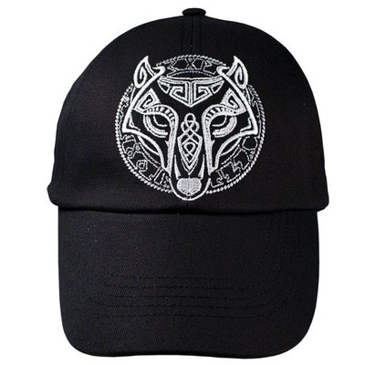 Herren Baseball Cap schwarz mit gesticktem Wolf Logo in Runen, größenverstellbar