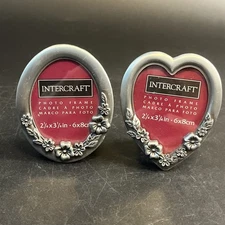2 Pewter Daisy Flowers Floral Photo Picture Frame Mini Metal Oval Heart 3.5" Lot
