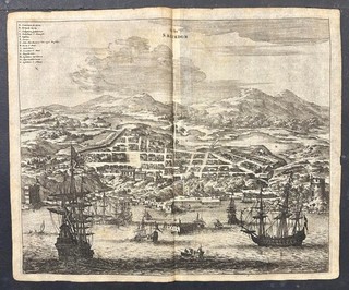SALVADOR BRAZIL 1671 MONTANUS UNUSUAL ANTIQUE COPPER ENGRAVED CITY VIEW