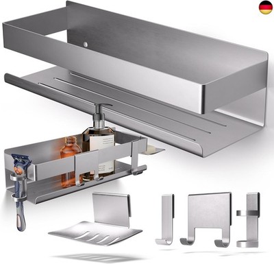 HENAL Duschablage Set 5 in 1, Edelstahl-Duschablage matt gebürstet ohne Bohren, 
