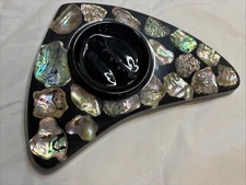 Abalone Ashtray Shell & Black Glass Boomerang Atomic 12" USA Mid-Century Retro ￼