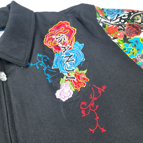 Chaqueta vaquera vintage Y2K Kanji para hombre talla 3XL negra bordada lana cuero - Imagen 10 de 19