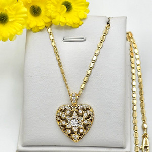 Authentic 14K Gold Plated Shiny CZ Heart - Flower Pendant & Chain: Necklace. Filigree