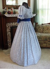 Civil War, Victorian, Trek, Western, Pioneer Dress-Petite Blue Floral Soft White