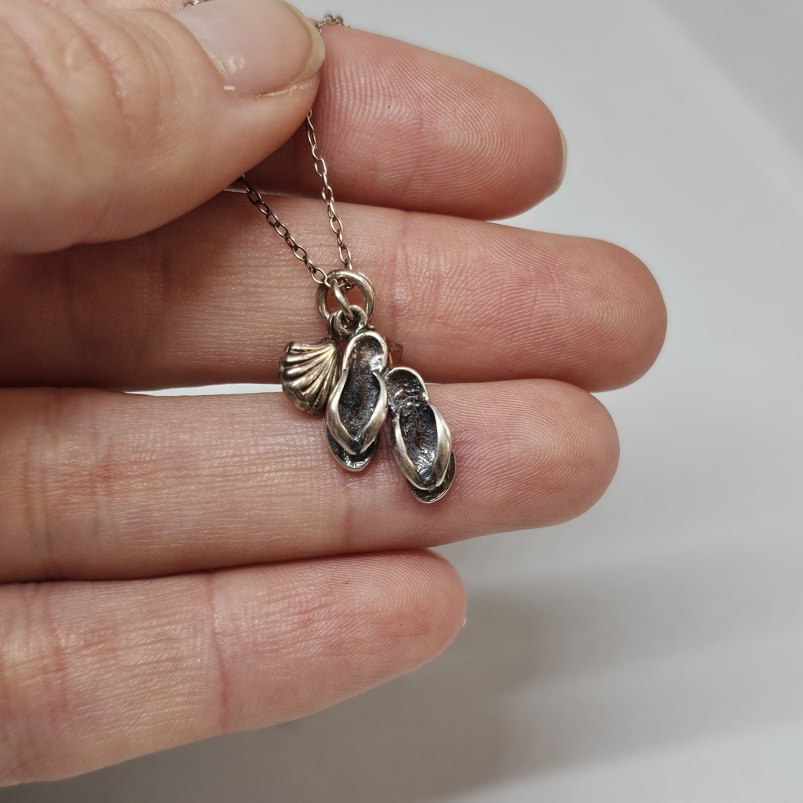 925 Sterling Silver - Flip Flops Shell Crystal Ch… - image 4