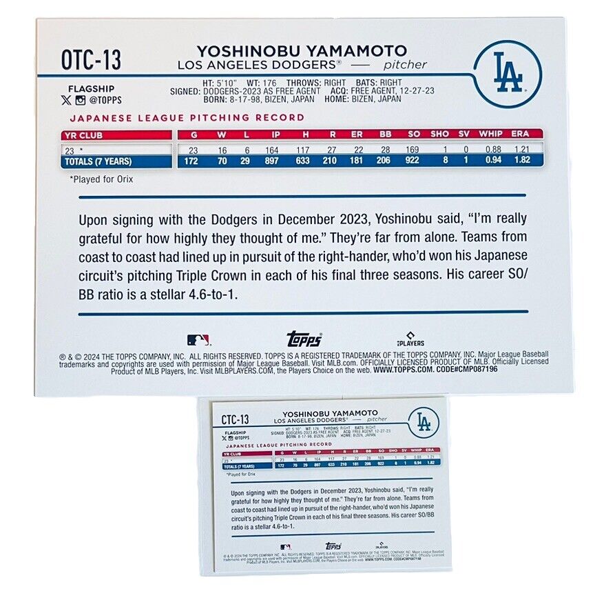Yoshinobu Yamamoto 2024 Topps Oversized/Companion Baseball Yoshinobu Yamamoto 2024 Topps Oversized/Companion Baseball