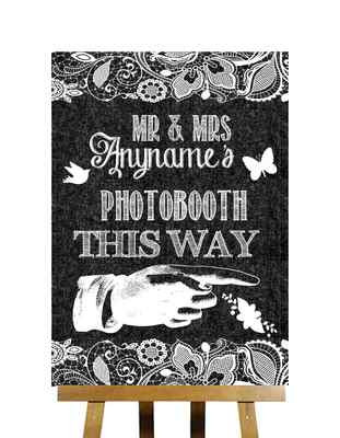 Photobooth dunkelgrau Sackleinen Spitzenoptik so rechts personalisiert Hochzeitsschild