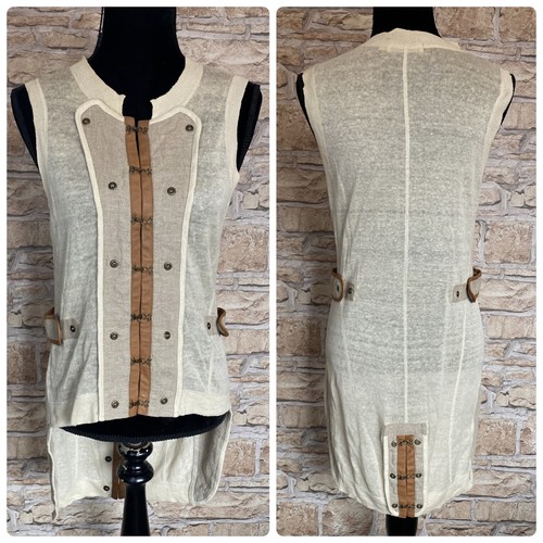 All Saints Jolanta Long Waistcoat Off-White Brown Linen Tailcoat Steampunk UK 12