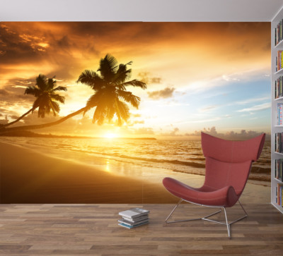 Strand Tropischer Baum Meer Sonnenuntergang Fototapete Wandbild Zuhause Schlafzimmer Deko