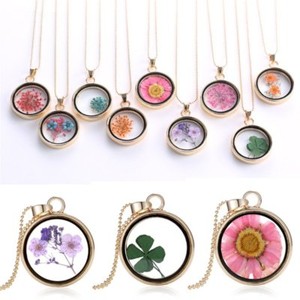 Natural-Dried-Flower-Glass-Locket-Pendant-Necklace-Women-Sweater-Chain-Jewelry