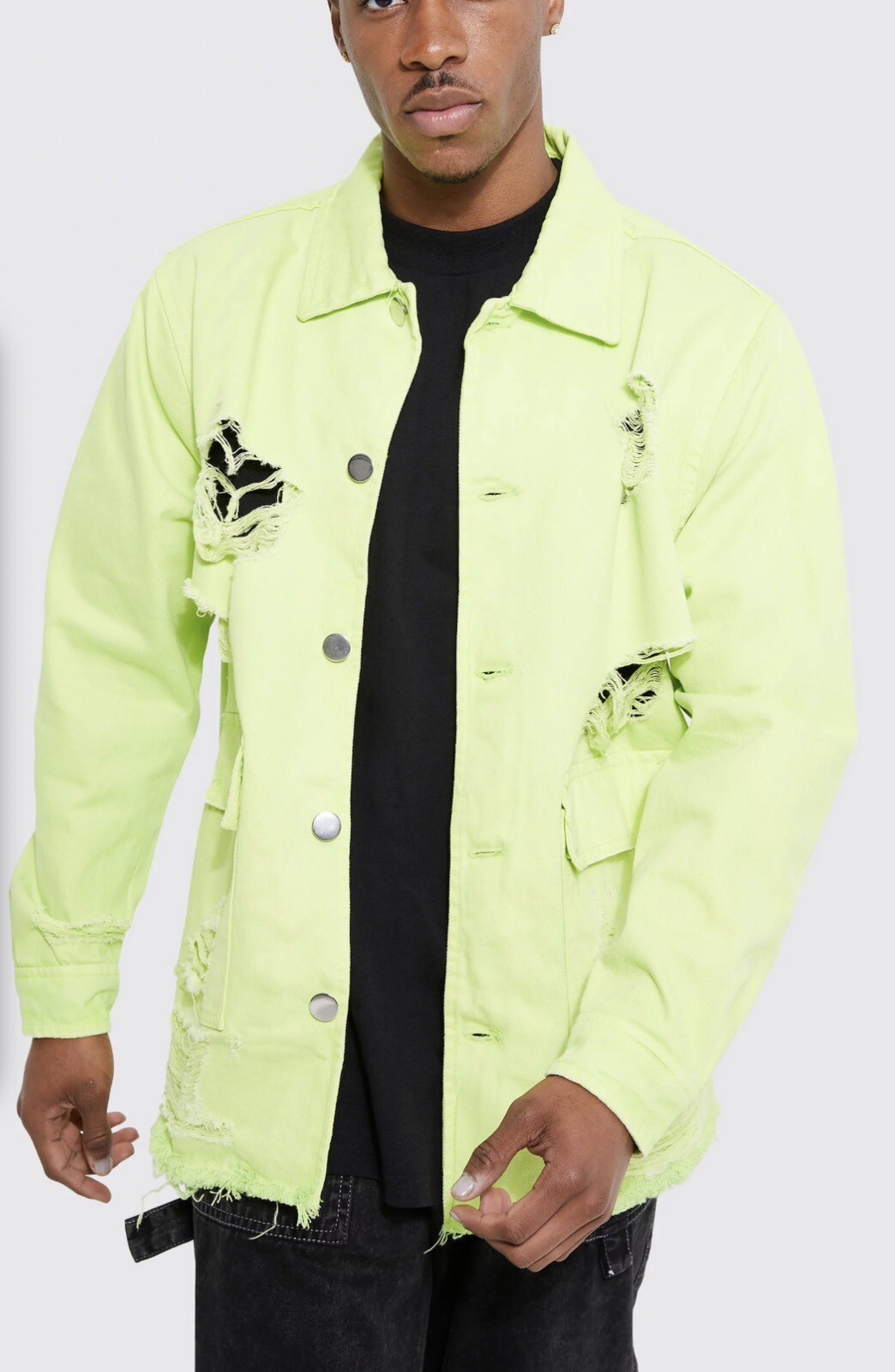 BNWT Mens Boohoo RIP AND REPAIR TWILL COACH JACKET In Lime Size S Oversize image 3