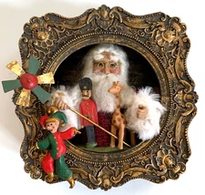 Vtg SANTA w/TOYS MUSIC BOX Christmas Decor Wood Frame 3D WALL Hanging ART 8"