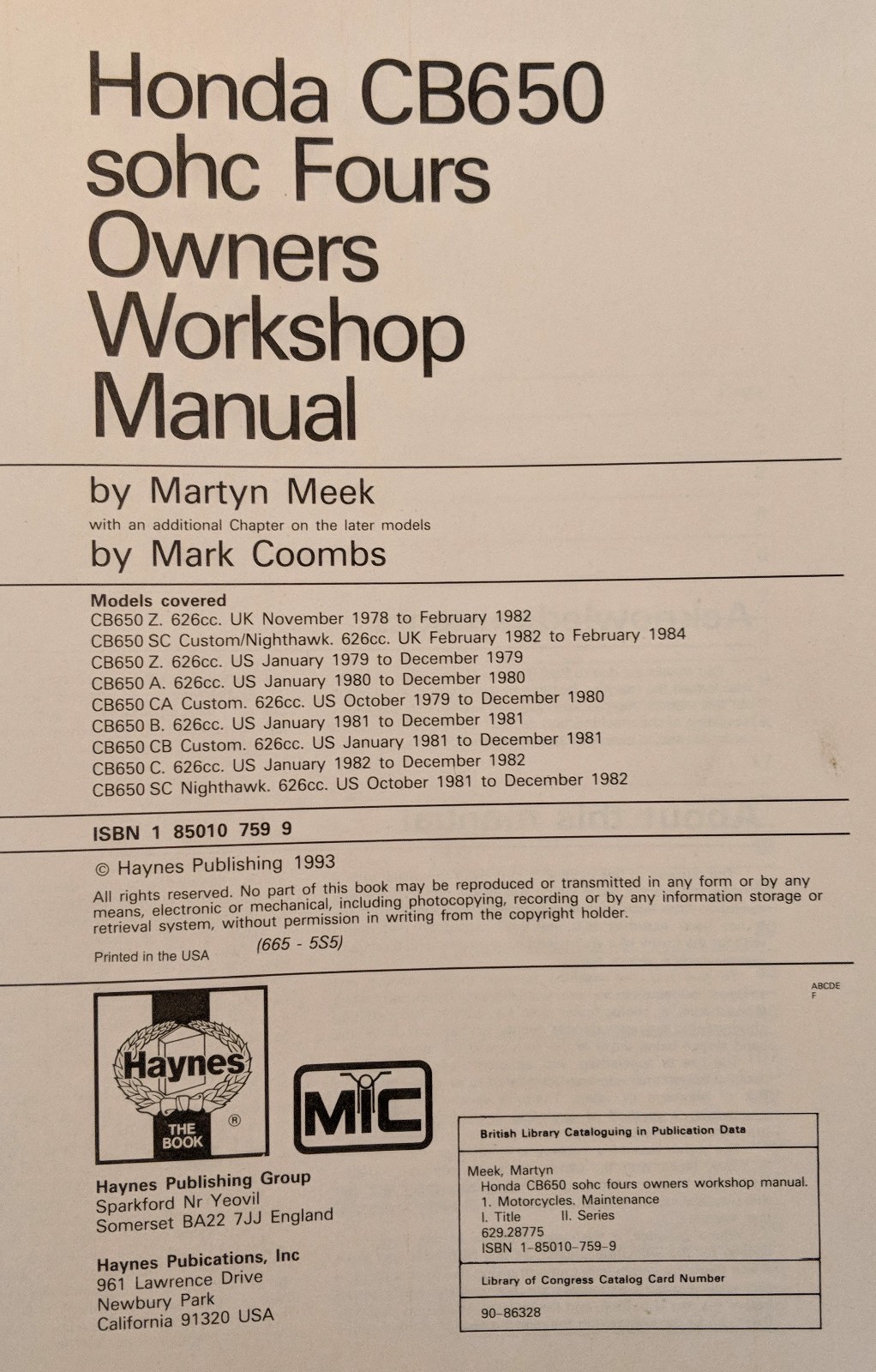 Haynes Honda Cd650 SOHC Fours (1978-1984) Owners Workshop Manual 626cc Book  | eBay
