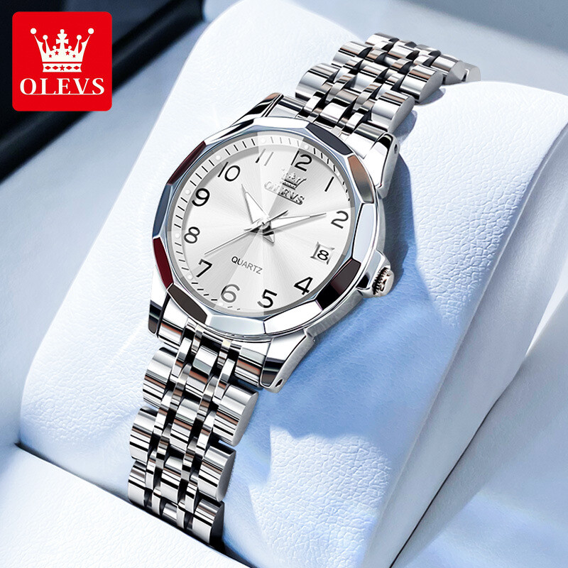 OLEVS Woman Luxury Stainless Steel Rhombus Mirror Day Quartz  display picture 3