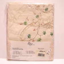 Embroidered Tablecloth Christmas Cutwork Holly Poinsettia CF Enterprises 66x104