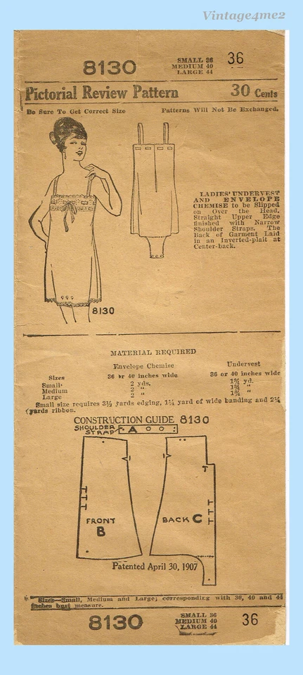 Pictorial Review 8130: 1910s Misses Chemise Lingerie 36 B Vintage Sewing Pattern - Image 2 of 4