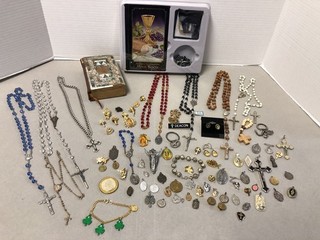 Lot of Catholic Religious Medallions Crosses Pins Rosaries