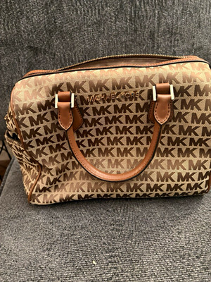 Michael Kors Logo Satchel Top Handle Bag Zip Closure Brown/Beige Gold Hardware