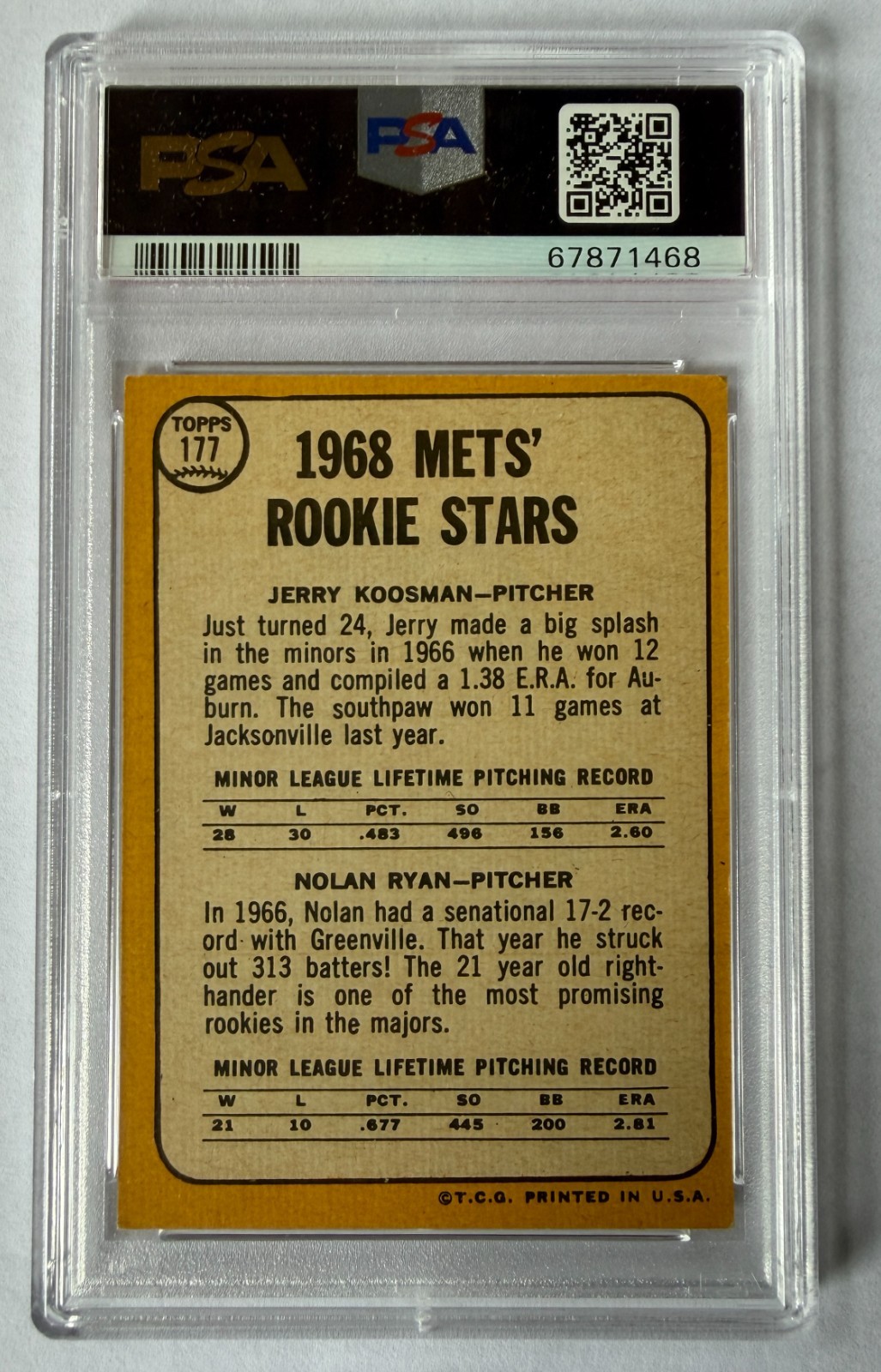 1968 Topps Nolan Ryan #177 RC Rookie HOF PSA 4 VG-EX SHARP view 2