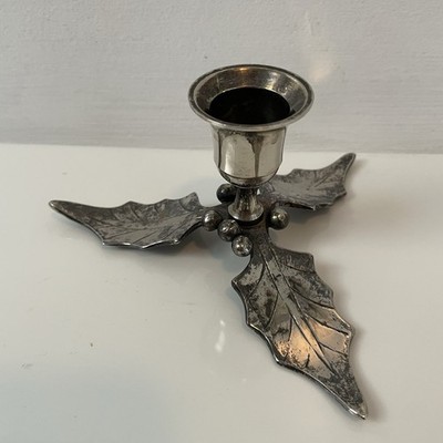 Restoration Hardware Christmas Holly Leaves & Berries Candlestick Silver Tone