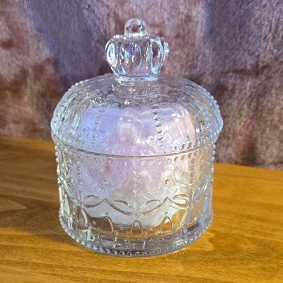 Clear Pressed Glass Powder Jar with Lid, Pink & White Powder Puffs