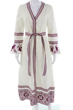 Alexis Womens Wrap Dress Beige Linen V Neck Geometric Floral Size S