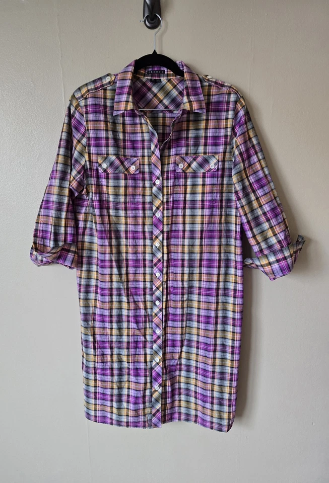 Theory Anthropologie Women's 100% Cotton Purple Plaid Shirt Dress Size 8  - Image 3 of 4