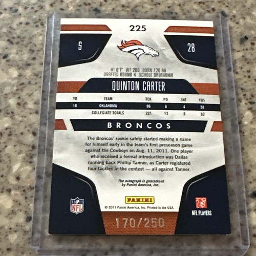 Quinton Carter 2011 Certified #225 New Generation Red Auto 170/250 RC Broncos - Picture 2 of 3
