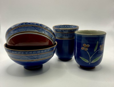 Lovely Japanese Ceramic Couple Tea Ware Set-Blue and Red-2 Bowls and 2 Cups-EUC