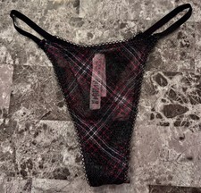 NWT VICTORIA'S SECRET BLACK RED PINK PLAID SILVER SHIMMER MESH THONG PANTIES