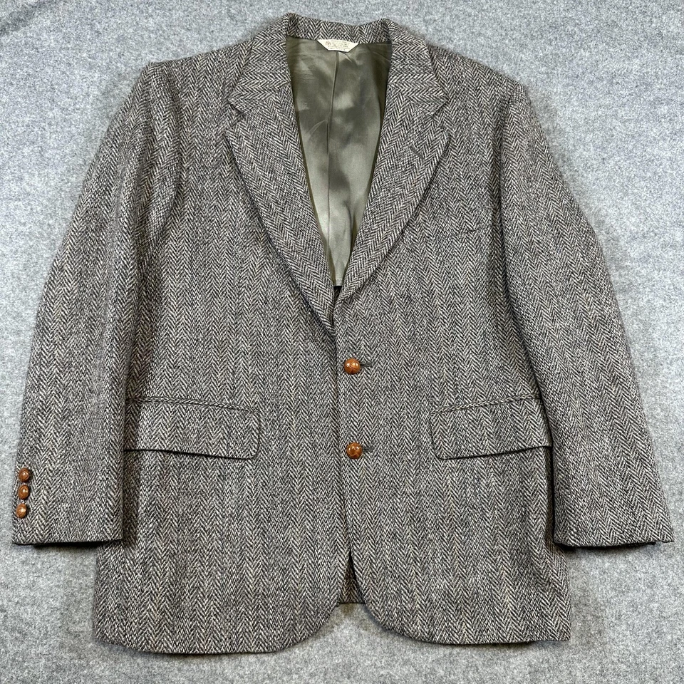Vintage Harris Tweed Blazer Mens 41S Brown Herringbone Wool Hunt Valley USA 80s - Image 2 of 4