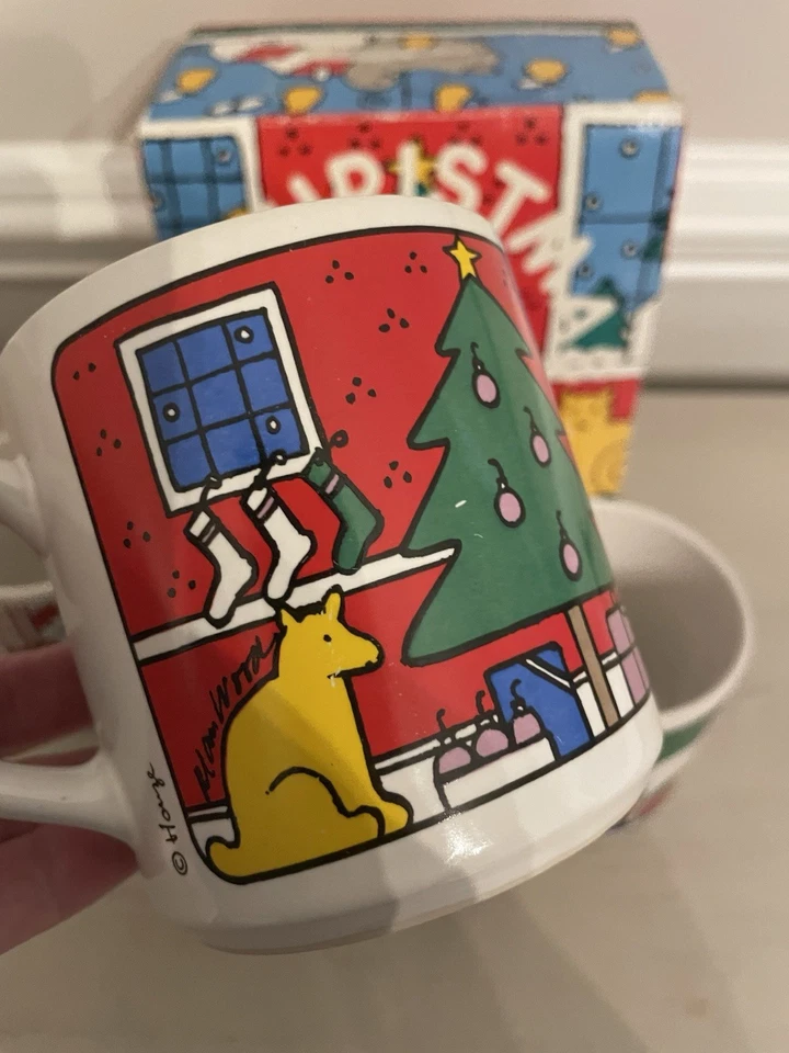 Tazas de Navidad de los años 80 4 piezas vidrio Houze firmado en madera Alan con caja Foto 4 de 4