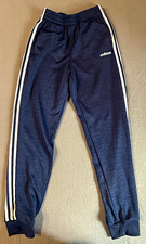 adidas Boys Blue White Fleece Track Pants 14-16 Pull-On Elastic Waist Stripe