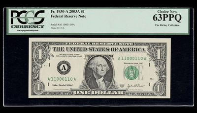 #ad TRUE BINARY Serial Number A11000110A PCGS 63 PPQ UNCIRCULATED 2003 A $1 Dollar $149.95