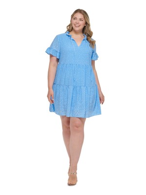 DKNY Womens Ruffled Flutter Sleeve Split Above The Knee Baby Doll Dress