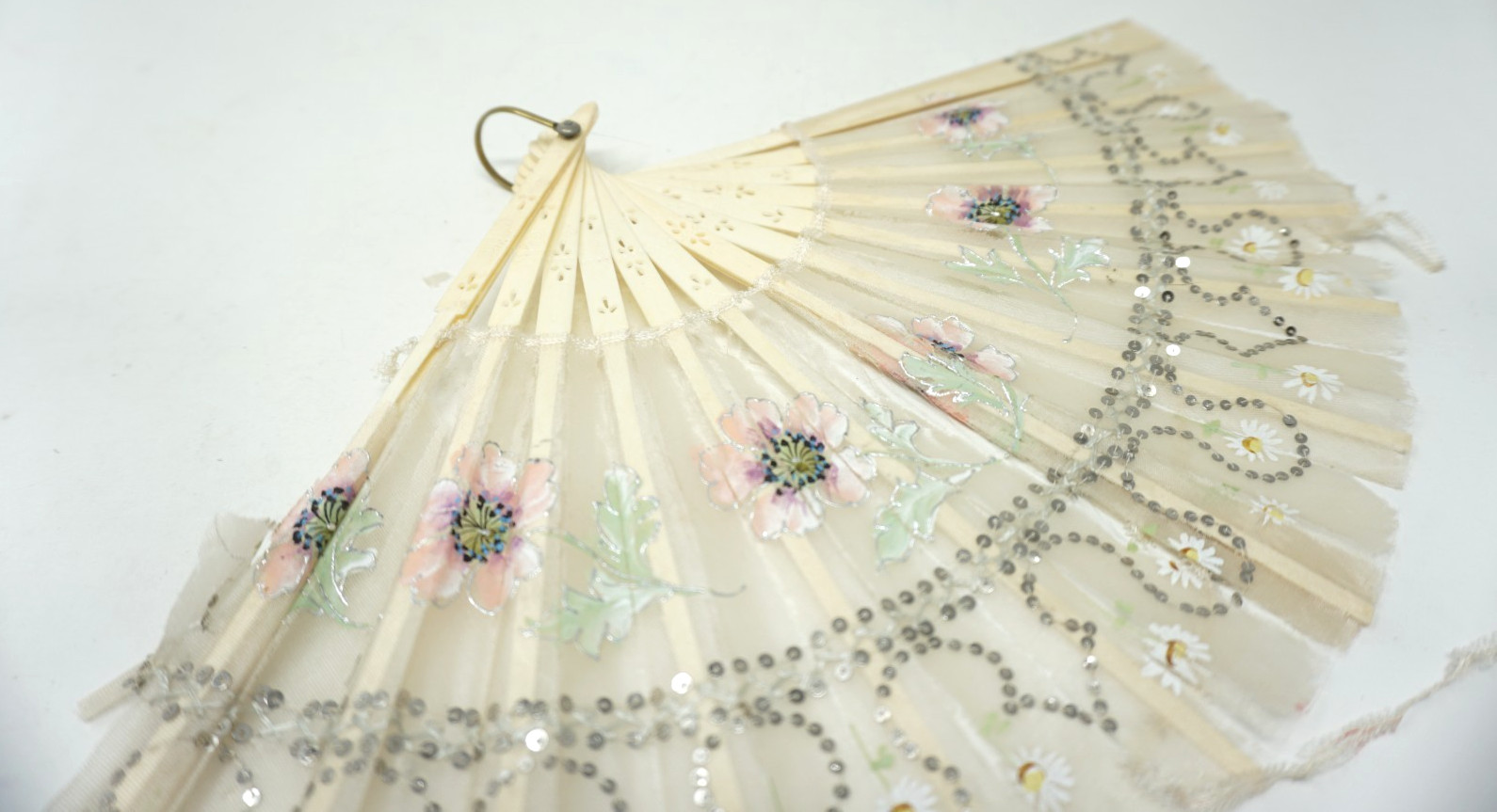 Antique Folding Hand Fan Painted Silk Sequin Fabric & Carved Bone Sticks