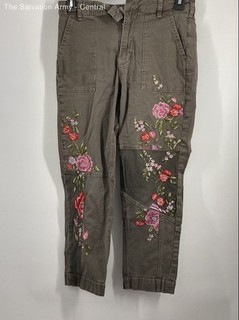 Anthropologie Womens Light Brown Floral Embroidered Cropped Pants Size 29