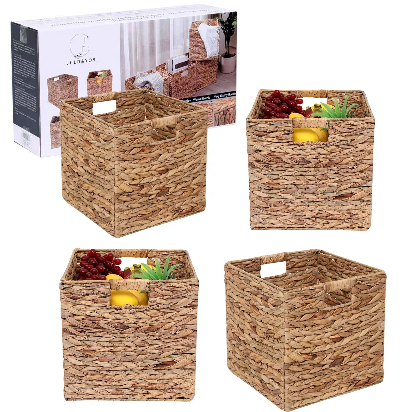 Foldable Handwoven Water Hyacinth Storage Baskets Wicker Cube Baskets Rectang...