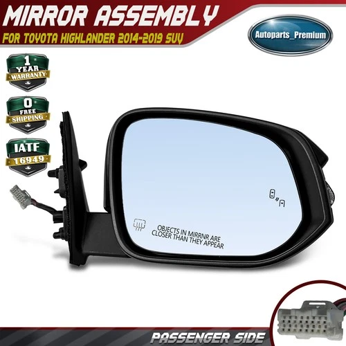 Passenger Power Mirror w/ Heated & Blind Spot for Toyota Highlander 2014-2019
