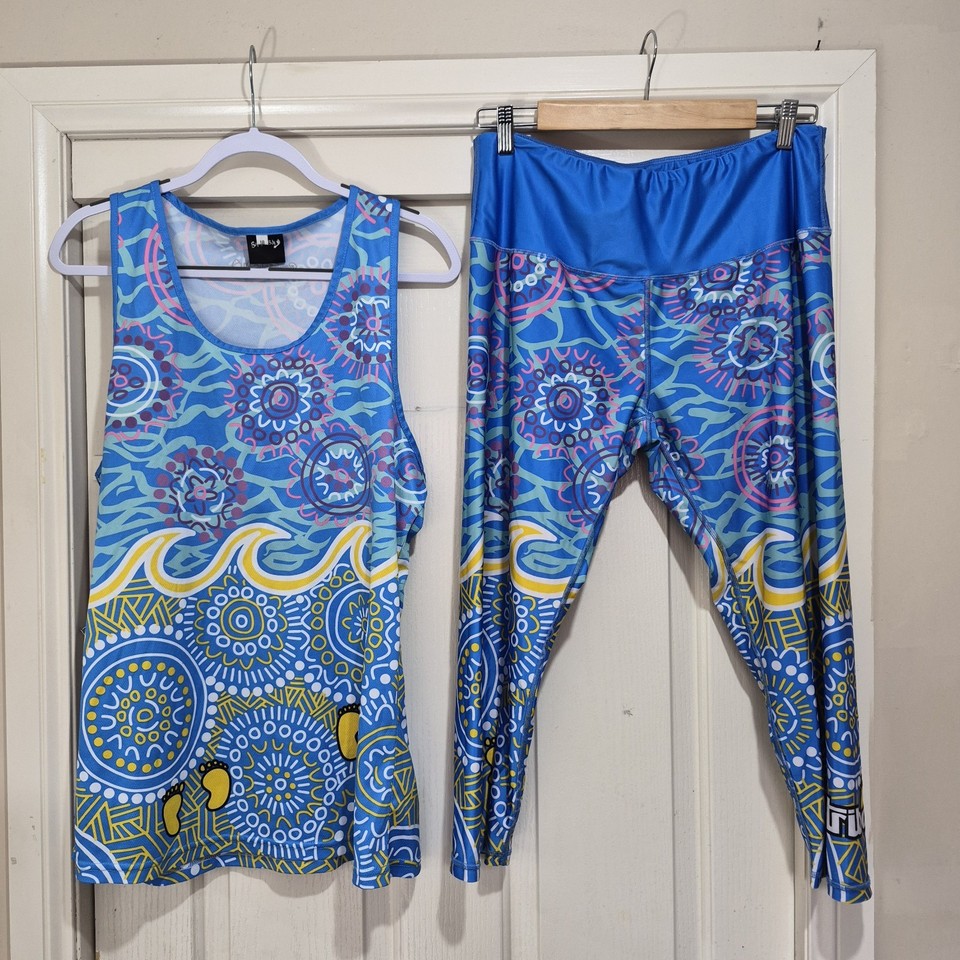 BWTribal Activewear Set Sz 18 Blue Aboriginal Art Print Tank Top & Leggings Yoga