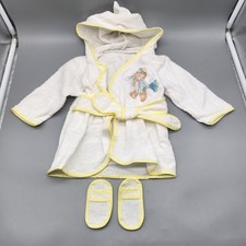 Vintage Baby Terry Cloth Bath Robe Bear Hooded Yellow White W/ Slippers Infant