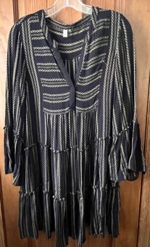 Elan Womens L Black Yellow Tiered Bell Sleeve Western Boho Mini Dress Cover-up
