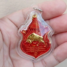 Thai Amulet Wua Thanu Gold Red Bison Bull Yant Pendant Waterproof Casing