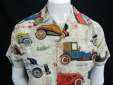 Vintage Mens Button Front Handmade Antique Cars Print Hawaiian Safari Shirt M