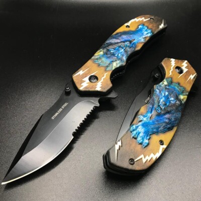 8'' Brown Wolf Spring Assisted Open Blade Folding Pocket Knife Hunting Survival
