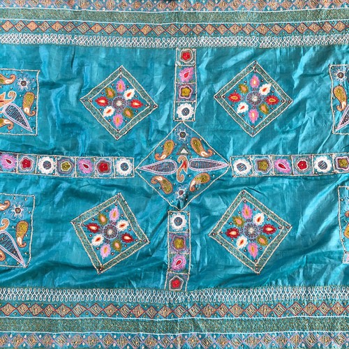 Beaded Embroidered Silk Scarf Dupatta Ornate Cloth 89x40 Turquoise Blue Vtg Long - Picture 2 of 12