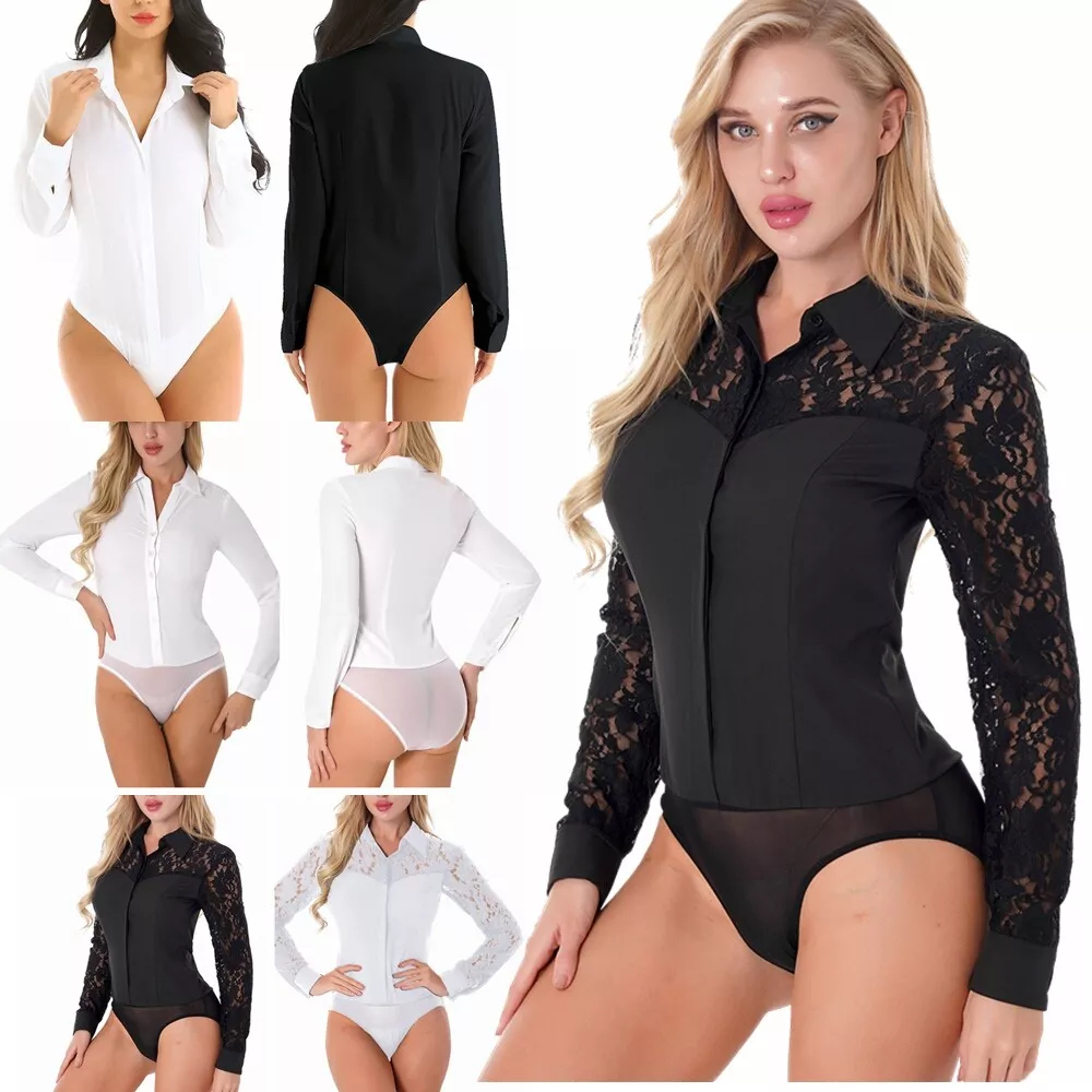 Women Bodysuits Blouse Slim Work Office T-Shirt Leotard Button Down Shirt  Romper