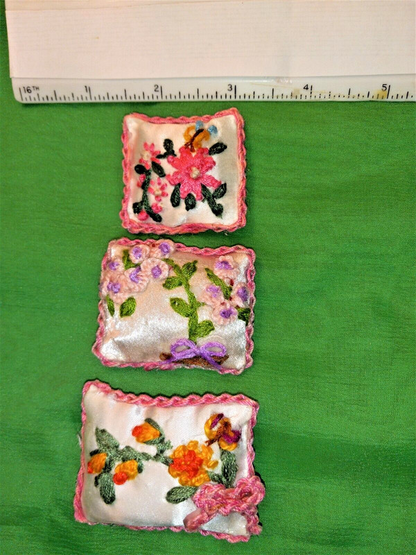 3 Hand Embroidered Toss Pillows/Cushions 1:6 Scale for Barbie. OOK