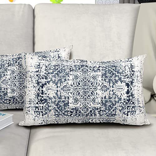 Navy Blue Grey Ethnic Boho Lumbar Pillow Covers 12x20 Inches Carpet-bluegrey - Picture 2 of 2