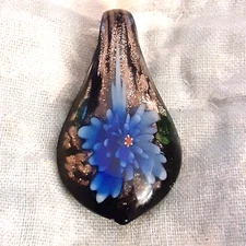 Sparkly blue floral art glass 2" pendant dichroic Venetian or Murano style